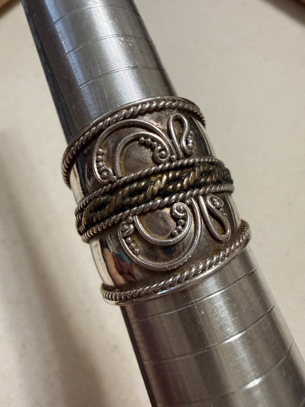 Sterling Silver 925 Ornate Wide Silver Statement Ring W/Twisted Rope Detail